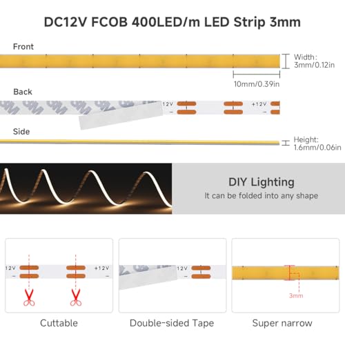Image of BTF-LIGHTING 3mm Width Ultra Thin FCOB COB LED Strip,UL Listed Warm White 2700K Super Narrow Uniform Light,16.4FT DC12V CRI90+ LED Tape Light for Home Indoor DIY Lighting(No Adapter or Controller)