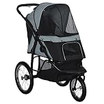 PawHut Dog Pram, Dog Stroller Jogger Foldable Pet Pushchair for Medium, Small Breeds, w/Rubber Wheels, Washable Cushion, Grey
