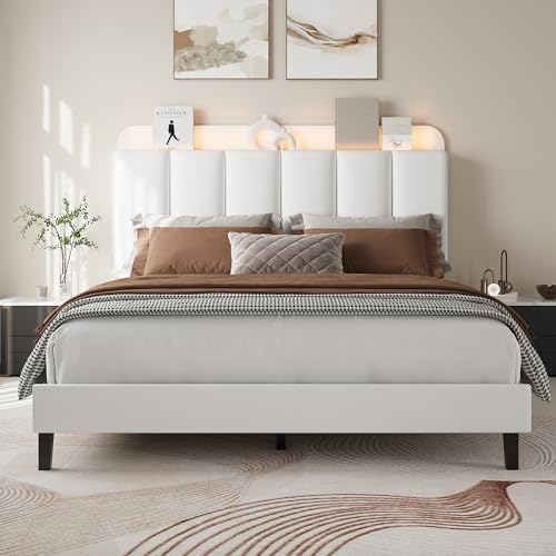 BarnFurin Queen Bed Frame with LED Lights, Upholstered Bed Frame Queen Size with Storage Headboard, Modern Platform Design Noise-Free, No Box Spring Needed, Easy Assembly, White