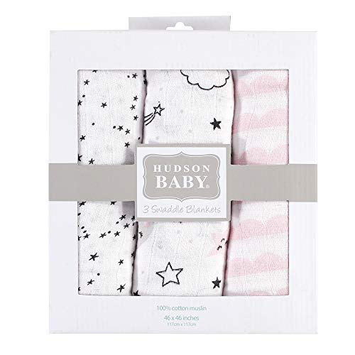 Image of Hudson Baby Unisex Baby Cotton Muslin Swaddle Blankets, Dreamer, 3-Pack