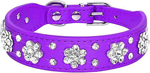 haoyueer Collar de perro con diamantes de imitación, lindo collar de perro con diamantes de imitación, collar de piel sintética ajustable tamaño pequeño, mediano grande (S, morado) Cover