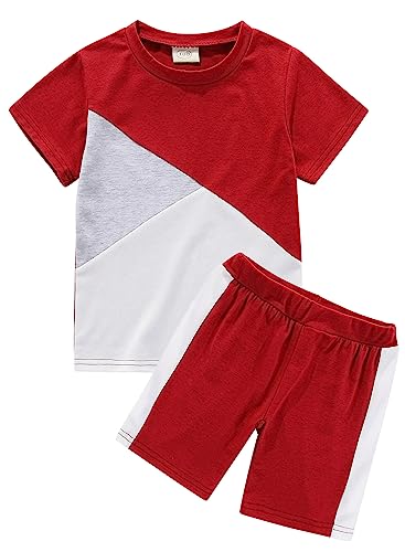 BOMDEALS Toddler Boys Color Block Outfits - Cute Valentine Long Shorts Tee Casual Sweatshirt Contrast Pants Fall Clothes Set(Wine,130,1212b)