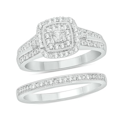 Cali Trove 1/3 Ct Natural Diamonds Bridal Ring Set | 925 Sterling Silver Rings | Cushion Cluster Engagement Look with Anniversery Band | Elegant Multi-Stone Wedding Jewelry | Gift for Her - Main Image