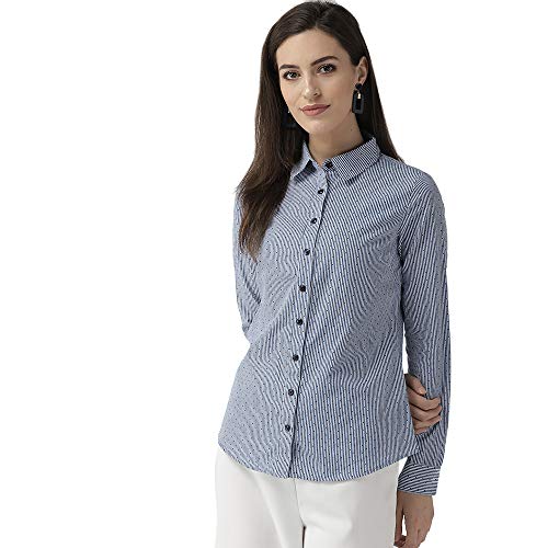 Image of XPOSE Women Navy Blue White Regular Fit Striped Casual Shirt