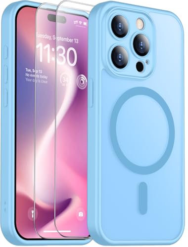 SPIDERCASE for iPhone 15 Pro Case, Magnetic Translucent Matte Case with 2PCS Tempered Glass Screen Protector Slim Phone Case for iPhone 15 Pro 6.1'', Light Blue