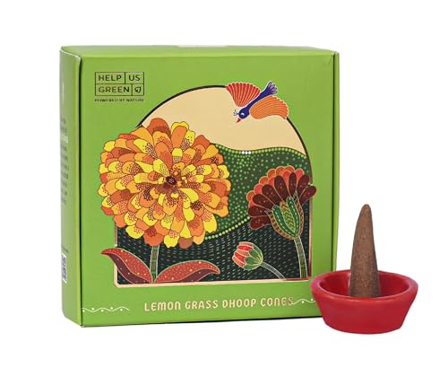 Image of HelpUsGreen Natural Dhoop Cones Lemongrass and Mogra (80 Cones Pack of 2)|Charcoal Free Organic Incense Cones | Low Smoke Long Lasting Incense for Pooja Meditation Home Fragrance |Free Ceramic Holder