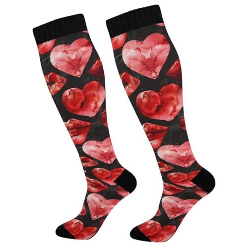 ALAZA Athletic Compression Socks Knee High Socks Stockings for Women Red Lips Heart Running Circulation Sport Football