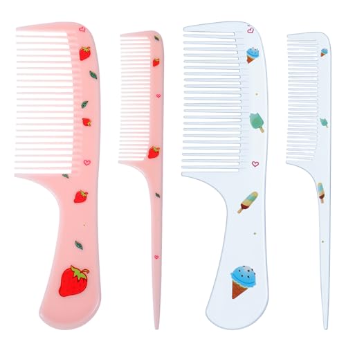 Toddler Hair Comb 4 Pcs Cute Hair Comb Set Pink Blue Strawberry Ice Cream Baby Fine Tooth & Rat Tail Comb Toddler Tiny Mini Set For Girls Boys Kids Small For All Hair Types