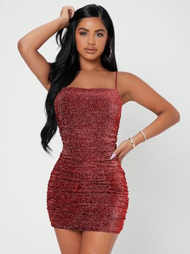 Image of Floerns Women's Glitter Sleeveless Ruched Party Clubwear Bodycon Mini Dress