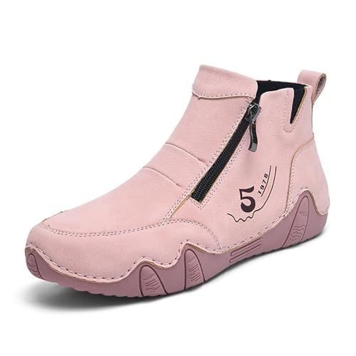 SIYAKE Women'S Leather Handmade Sneaker Ankle Boots Double side zippers Casual Lightweight Outdoor Walking Shoes For Hiking Camping Driving (Pink,10,10)