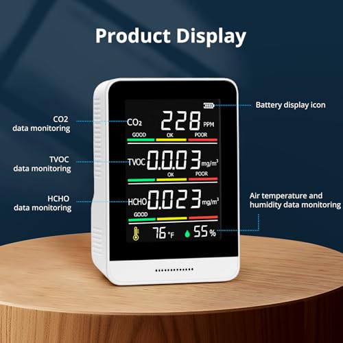 5-in-1 Luftqualitätsmonitor für den Innenbereich -Luftverschmutzungsmonitor mit CO2, HCHO, TVOC, Temperatur und Luftfeuchtigkeit, Echtzeit-Datenaufzeichnung,Kompakt Tragbar
