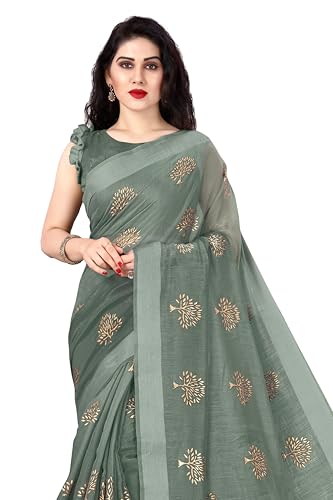 Image of MIRCHI FASHION Women Saree Cotton Blend 2-Tone Foil Print | Lightweight Comfortable Office Wear Sari with Blouse Piece