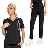 Scrubs Set for Women 12 Pockets Medical Uniform V-Neck Top & Straight Leg Pants for Nurse Esthetician Workwear,M,Black