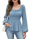 Womens Puff Long Sleeve Babydoll Tops Square Neck Ruffle Peplum Blouse Smocked Loose Fit Tunic Top Dressy Tee Shirts Blue