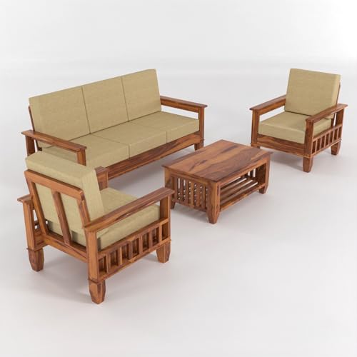 Image of Sheesham Wooden 5 Seater Sofa Set for Living Room | Rosewood Cushion Sofa with Side Newspaper Holder for Home & Office | Solid Wood Sofa Set for Lounge (Honey, 3+1+1 Seater)