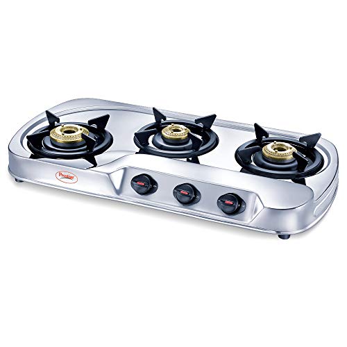 Prestige GS 03 L E Stainless Steel Manual 3 Burner Gas Stove, Silver