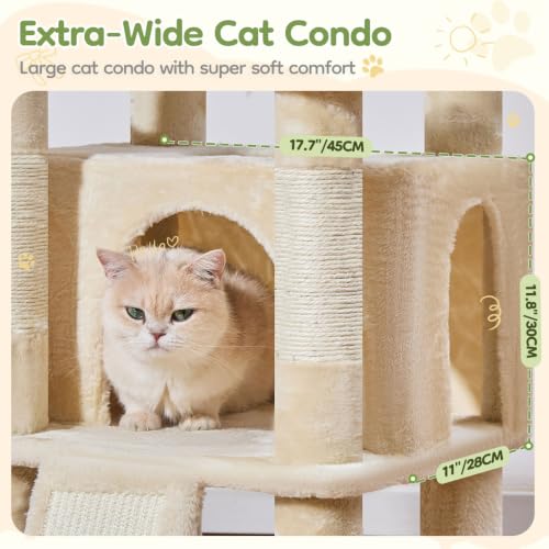 Image of Taoqimiao Sturdy Cat Tree, Cat Tower for Indoor Cats, Extra-Large Platform | 58.7Inch, Widened Cat Condo with Large Scratch Board, Top Perch, 6 Scratching Posts, Soft Basket, Cat Toys, Beige MS045M
