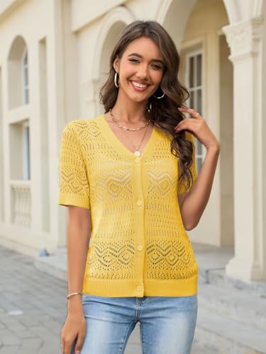 Image of Women's Summer Short Sleeve Cardigans Lightweight Crochet Sweaters V Neck Button up Cardigan for Dress