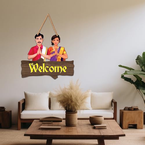 Image of Decor Smart Wooden Wall Hanging | Traditional Welcome Plaque | Home Decor Accent | Decorative Wall Art with Indian Couple Design | Decoration for Living Room | Bedroom & Hall | Restaurant (DWA 8701)
