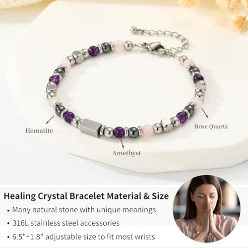 Image of Natural Healing Crystal Bracelet for Women, Triple Protection Anxiety Relief New Beginnings Good Luck Empath Protection Jewelry Gift for Friends Daughter Mom 6.5+1.8 Inches