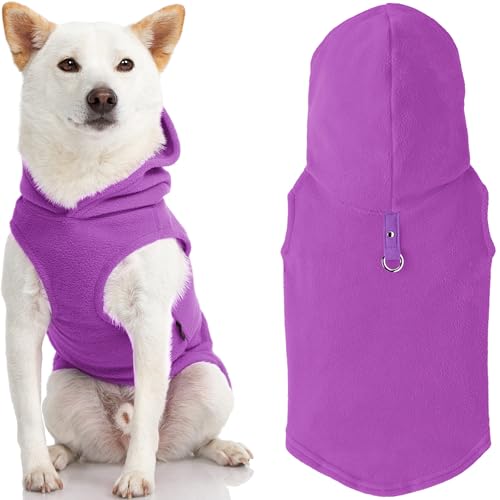 Gooby Fleece Vest Hoodie Dog Sweater - Purple, Large - Warm Pullover Dog Hoodie with O-Ring Leash for Small to Medium Dogs