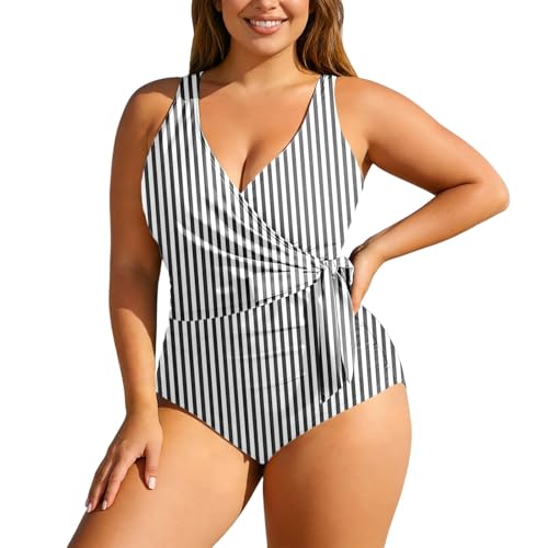 Plus- Size- Badeanzug, Tankini mit Blumenmuster, hohem Bund verstellbaren Trägern für optimale Bedeckung (Dark Gray, XXXL)