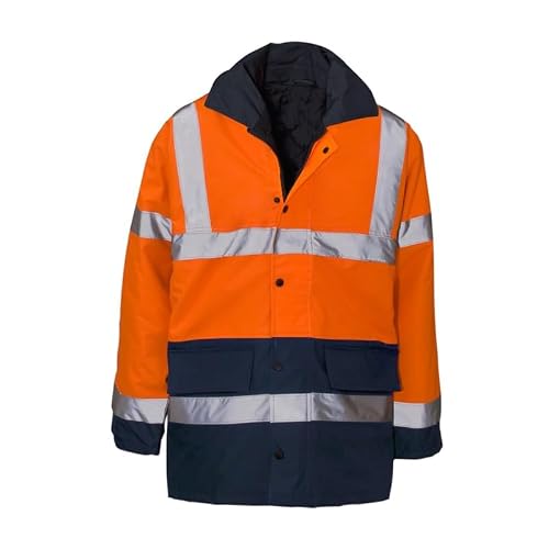 Image of Hi Vis Traffic Jacket Waterproof High Visibility Padded Parka Coat Safety Security Workwear Winter Reflective Protective PPE Jacket Men Women Orange/Navy L