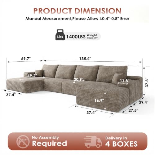 Image of Boneless Couch, Modular Sectional Couches for Living Room, U-Shaped Cloud Couch Sofa with Deep Seat, Fluffy Corduroy Upholstered Corner Sofa