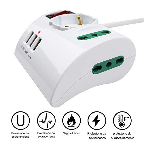 Extrastar Multipresa da Scrivania/Tavolo con 3 Presa USB,Presa con interruttore automatico di protezione 10A,Bianco,2500W,3 Prese (2 ITA/Schuko),1.5M