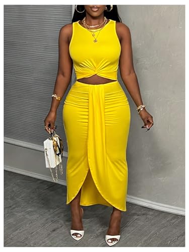 SweatyRocks Women's Twist Cut Out Dress Sleeveless Ruched Crew Neck Bodycon Maxi Dresses4