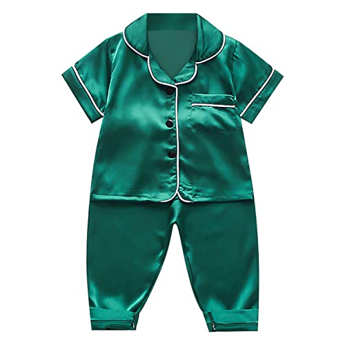 Boys Girls Satin Pajamas Sets 2pc Silky Soft Button Open Front Collar Tops Pants Pj Outfits Plain Summer Sleepwear