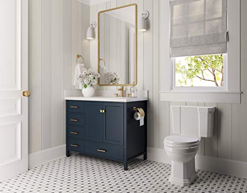 Ariel 43" Inch Midnight Blue Bathroom Vanity W/ 1.5" Edge Pure White Quartz Countertop & Backsplash | Right Oval Sink | 2 Soft Closing Doors & 5 Full Extension Dovetail Drawers | Satin Brass Pulls #TOP2