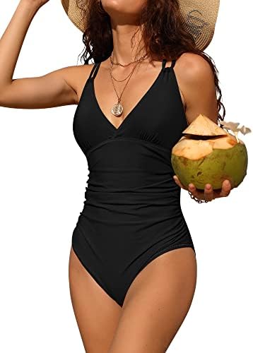 Charmo Tummy Control One Piece Swimsuits for Women Ruched Bathing Suit V Neck Strappy Monokini Black Medium