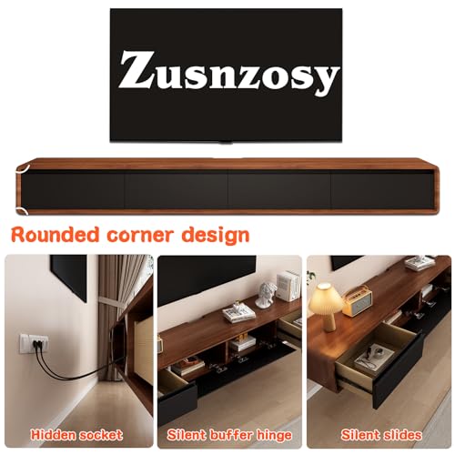 Floating TV Stand - Wall Mounted Media Console with 2 Flip-Down Doors & 2 Drawers Entertainment Center TV Cabinet, Video Shelf for Home Room (Walnut & Black, 62.99x7.87x9.45IN) - Image 5