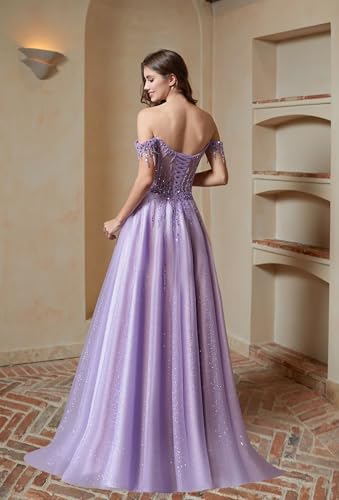 Off Shoulder Beaded Prom Dresses Sparkly Tulle Ball Gown Flowy A Line Formal Evening Dress2