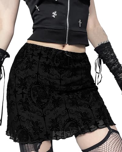 XKBHYD Gothic Rock Damen Schwarz Zweilagig Minirock Elastischer Bund Retro Muster Sexy Kurze Y2K Punk Skirt