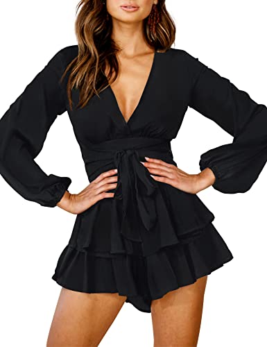 Relipop Women\'s Romper Solid Print V Neck Baggy Sleeve Waist Tie Layered Ruffle Hem Short Casual Summer Rompers Jumpsuits