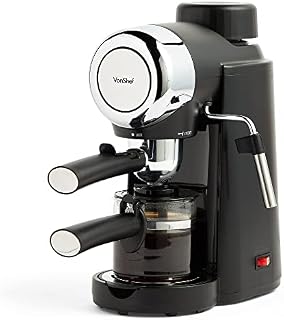 VonShef 4 Bar Espresso Machine - Black Coffee Maker with 4 Cup Capacity, Removable Easy Clean Drip Tray, Stainless Steel Filter, Control Dial & Milk Frothing for Espressos, Cappuccinos & Lattes - 800W
