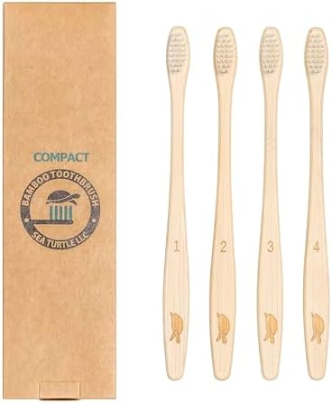 Sea Turtle Plant-Based Bristles, Compact Bamboo Toothbrushes, Soft Natural Toothbrush for Adults (4 Pack)