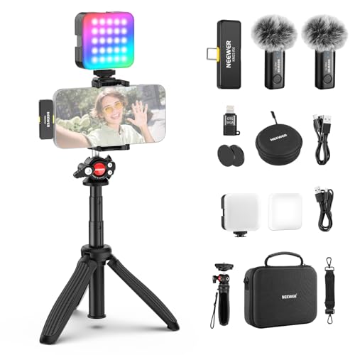 NEEWER Kit Vlogging para Teléfono con Luz LED RGB/Sistema Micrófono Inalámbrico Lavalier/Trípode para Teléfono Selfie Palo, Creador Contenido Esencial para iPhone Android Podcast Youtube, PA048