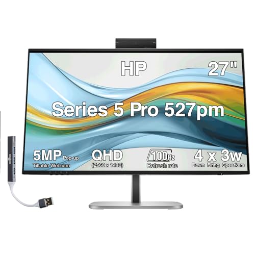 Image of HP Series 5 Pro 527pm 27 inch QHD USB-C Conferencing Monitor | 5MP Pop-up Webcam, 4x3W Speakers, VESA Mount (100mm), Displayport, HDMI & Dockztorm USB Port Expander, Black /Silver