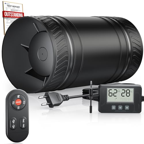 MOCINE Ventilador en línea Ø100 mm con 6 velocidades, sensor de temperatura y humedad, mando a distancia, encendido/apagado automático, funcionamiento silencioso, ideal para sótanos