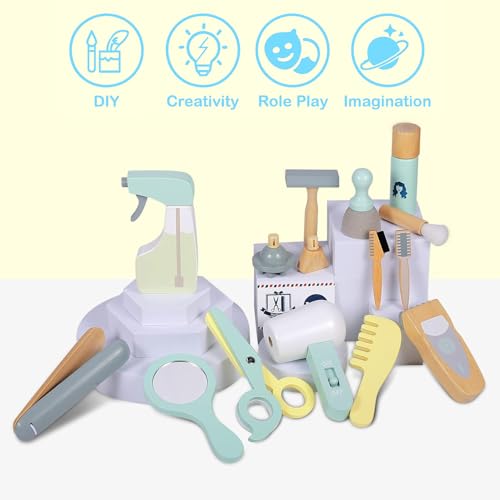 Image of Wudly Hair Dresser Playset for Kids, Wooden Makeup Toy & Hair Styling Toys for Girls, Kids Shaving Kit for Boys - Fun Barber Playset for Imaginative Role Play, Haircuts & Makeup Set