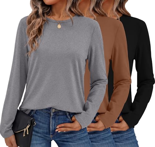 Ekouaer Womens Long Sleeve Shirts 3 Pack Crew Neck Thermal Tops Loose Fit Undershirt Base Layer Trendy Clothes XS-XXL