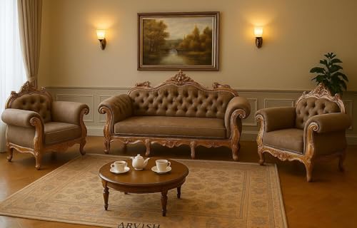 Image of Luxury Antique Sofa Set in a Classic Living Room Setting Solid Teak Wooden Five Seater Sofa Set with Cushion for Living Room | Honey Brown Finish | 208D x 76W x 119H cm (Design1)