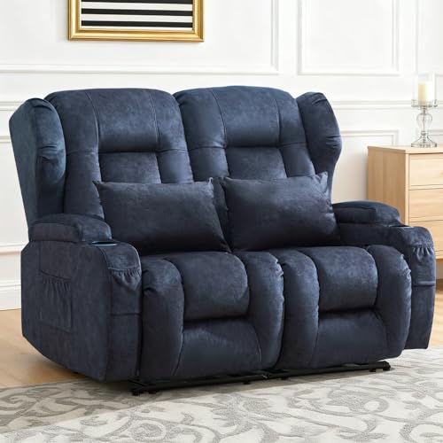 Image of Loveseat Recliner Sofa,RV Wall Hugger Recliners for Small Spaces,Reclining Loveseat Sofa Recliner with Cup Holders /Lumbar Pillows,RV Furniture (Velvet Blue, 56 inch 2-Seater)