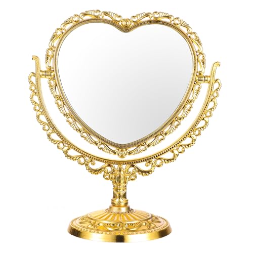 BEBEMOKO Espejo de Maquillaje Forma de Corazón Dorado, Diseño Retro y Chic, Ángulo Ajustable y Rotación Libre para Dormitorio y Tocador