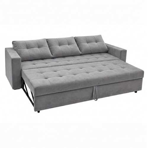 Image of FURNY Tressa 3 Seater Fabric Pull-Out Sofa Cum Bed Function (Light Gray) | Luxury Velvet Suede Finish | Durable Comfort Sofa Bed for Modern Living Room & Office Spaces