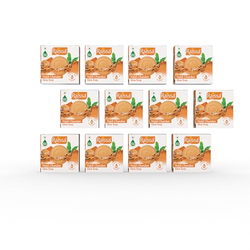 Image of Raissa Haldi Chandan Glow Soap 85g (Pack of 12) | With Turmeric & Sandalwood for Bright, Glowing Skin | Herbal Bathing Bar for Daily Use | Soothes & Nourishes | Alcohol-Free | No Harsh Chemicals | For Men & Women