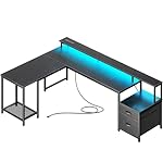 PRAISUN 66" L Shaped Gaming Desk with LED Lights & Power Outlets, Computer Desk with Fabric Drawers and Print Stand, Corner Office Desk, Monitor Stand, Mesh CPU Stand, Black